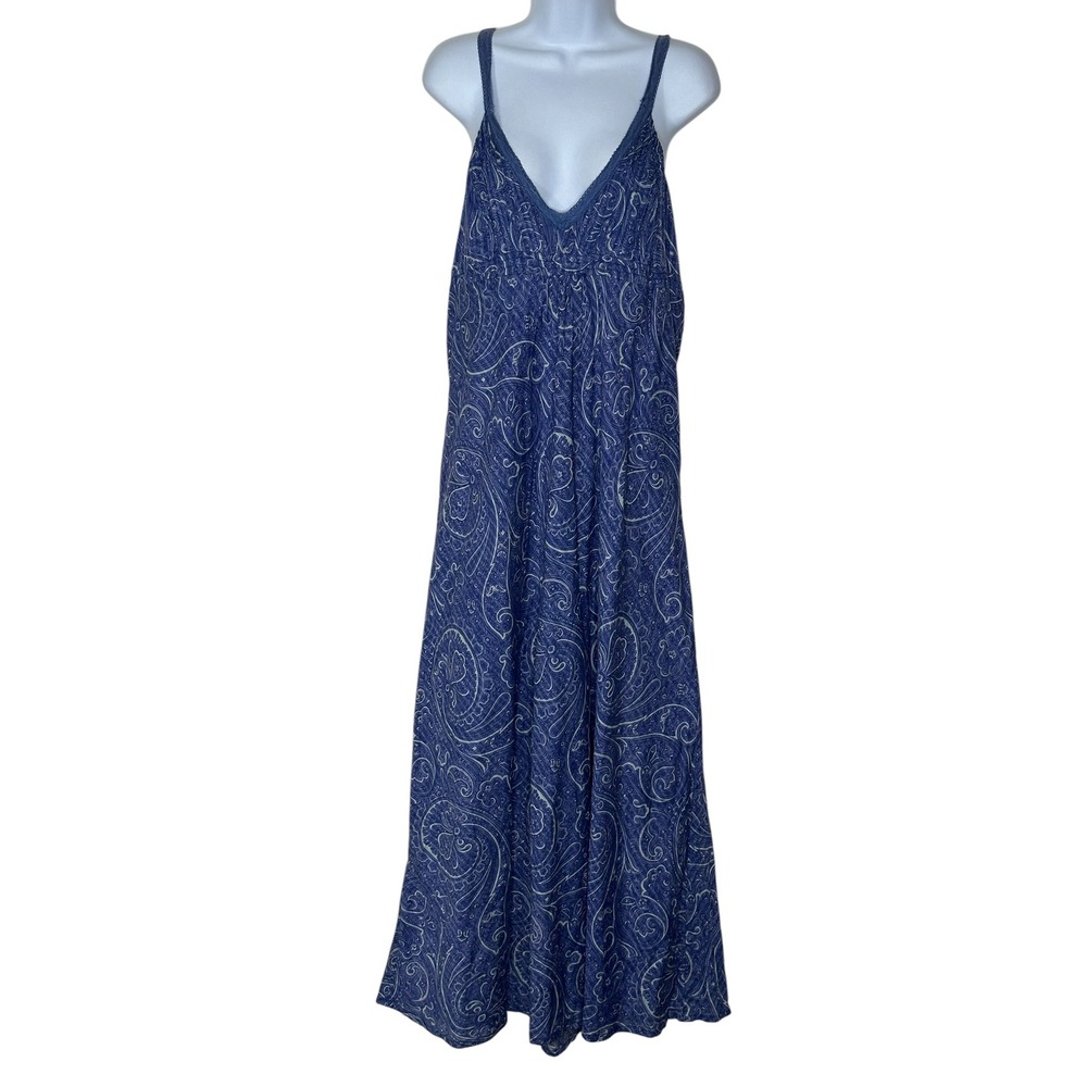 April Cornell Maxi Dress XL Blue Paisley Cotton Boho Smocked Back V-Neck Lace